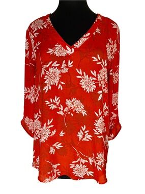 DR2 Red & White Floral V-Neck Tunic Work to Brunch Top
